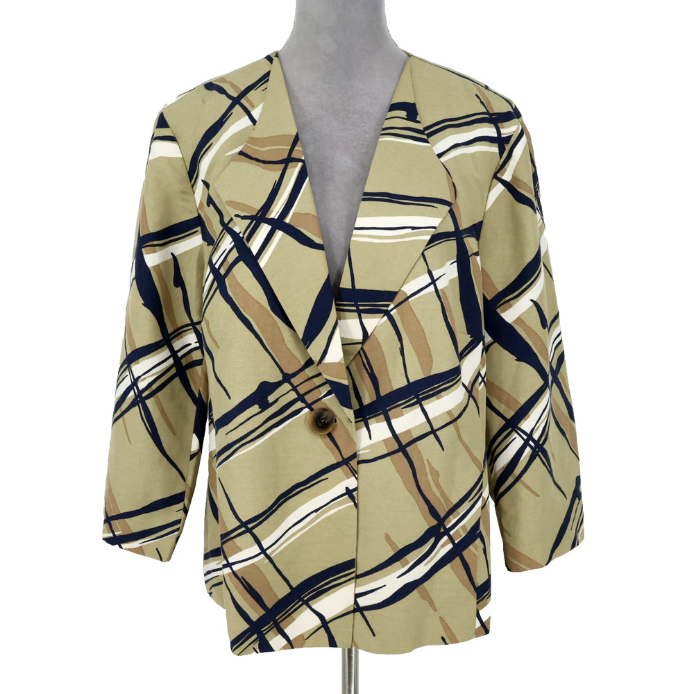 Kasper Woman Jacket Plus Size 16W Beige Black Linen Blend Lined Blazer Oversized